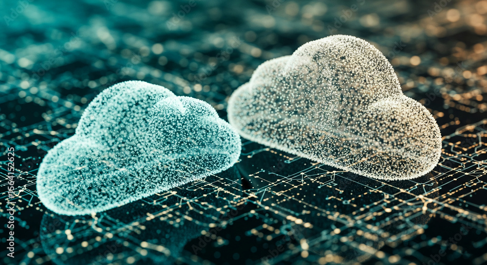Poster two translucent cloud forms, composed of particles, rest on a dark circuit board background, represe