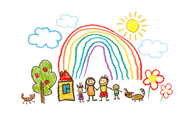 Family children's drawing with colored pencils. hand drawn. Not AI, Vector illustration