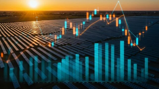 Sunset over a solar farm with dynamic financial graphs illustrating renewable energy investment