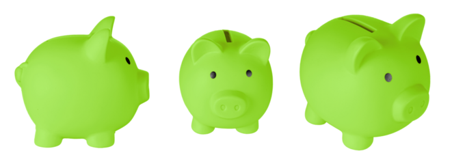 Set Piggy bank pig Green color on isolated white background close up