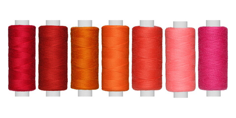 A colorful thread mesh in red, orange and magenta stands out on an isolated white background. Perfect for textile design and artistic displays.