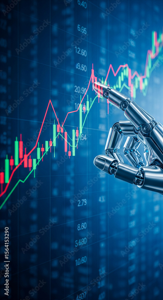 Poster robotic hand interacts with financial graph, showcasing technological advancement in trading, symbol