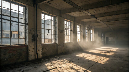 Sunlight streaming through windows in an abandoned industrial building with debris on the floor - ai generated