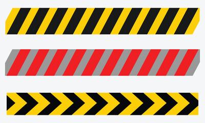 under construction background, Warning Tape Set of Yellow, Red, and Black Diagonal Stripe Lines for Caution, Hazard, and Safety Use, Vector Style on White Background