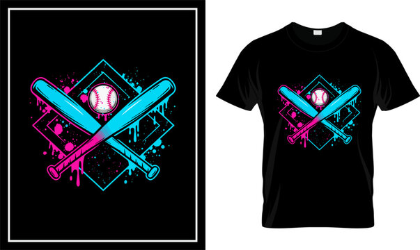 Neon Baseball Bats and Ball Colorful Splatter T-Shirt Design with Crossed Bats in Pink and Blue Graffiti Style