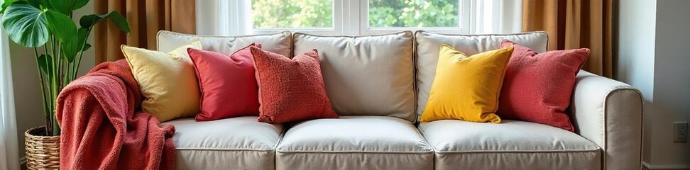 Cozy Living Room with Plush Sofa and Colorful Throw Pillows Relaxed and Inviting Home Decor