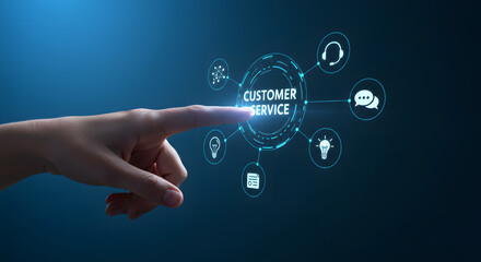 Customer service management crm technology. Finger pointing at support center helpdesk interface. Client relationship and communication business solution for company