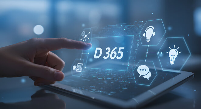 D365 business management software on tablet. Finger touching erp crm application interface. Digital transformation with customer service and sales automation