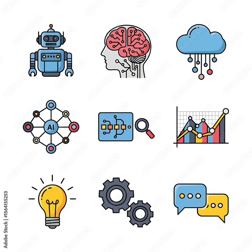 Poster ai icons representing technological advancements and innovation, displayed as a flat design with cle