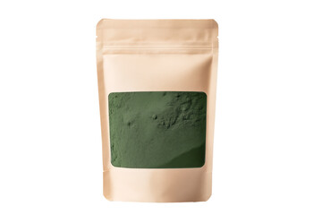 Green powder in Kraft packaging,isolated on white background