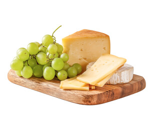 Cheese and grapes on board,isolated on white background