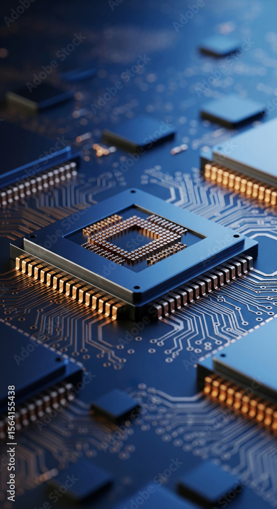 Poster close-up of microchip on circuit board, showcasing intricate design and technological advancement, s