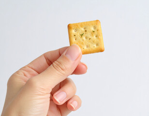 Closeup of a Hand Holding a Single Square Cracker