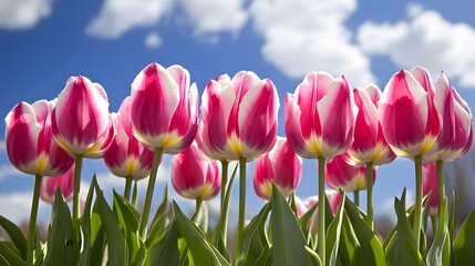 Vibrant Pink and White Tulips Blooming Under Sunny Sky