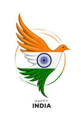 Dove of peace bird with india flag tricolor and ashoka chakra for happy independence day celebration greeting card design