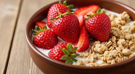 Bowl of cereal with strawberries. Created using generative AI tools