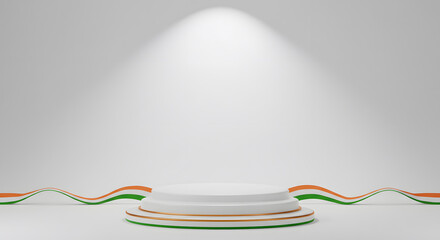Product display podium with spotlight and india tricolor ribbon for independence day award ceremony or presentation on white background