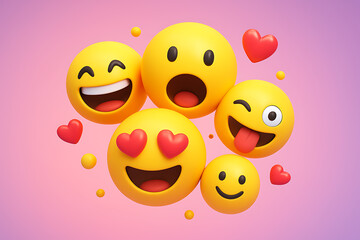 Joyful emoji burst on world emoji day, an energetic mix of excited and playful yellow faces with hearts and small dots on a gradient pink and purple background