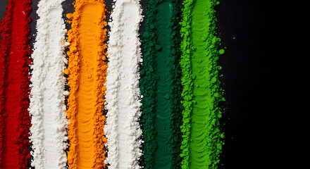 India flag color powder background concept. Holi festival celebration saffron white green stripe. Creative art design with black copy space wallpaper