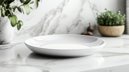 Empty white platter on marble surface