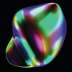 Abstract holographic element. Delicate flowing glass fluid abstract sculpture transparent image. Colorful surreal shape isolated cutout 3d render. JPG. Crystal. black background 