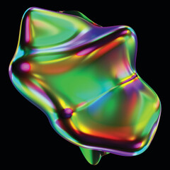 Abstract holographic element. Delicate flowing glass fluid abstract sculpture transparent image. Colorful surreal shape isolated cutout 3d render. JPG. Crystal. black background 