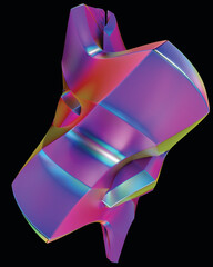 Abstract holographic element. Delicate flowing glass fluid abstract sculpture transparent image. Colorful surreal shape isolated cutout 3d render. JPG. Crystal. black background 