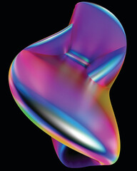 Abstract holographic element. Delicate flowing glass fluid abstract sculpture transparent image. Colorful surreal shape isolated cutout 3d render. JPG. Crystal. black background 