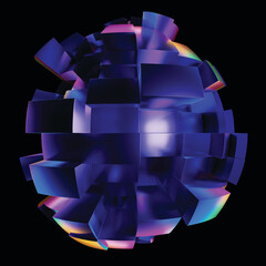 Abstract holographic element. Delicate flowing glass fluid abstract sculpture transparent image. Colorful surreal shape isolated cutout 3d render. JPG. Crystal. black background 
