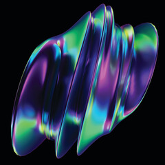 Abstract holographic element. Delicate flowing glass fluid abstract sculpture transparent image. Colorful surreal shape isolated cutout 3d render. JPG. Crystal. black background 