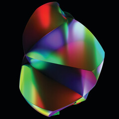 Abstract holographic element. Delicate flowing glass fluid abstract sculpture transparent image. Colorful surreal shape isolated cutout 3d render. JPG. Crystal. black background 