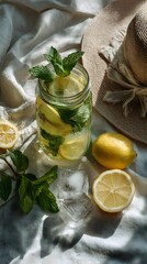 Homemade lemonade with fresh mint and citrus slices in glass, ice cubes and fabric napkin in airy, high-key flat lay for summer refreshment concept.