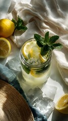 Top view of a bright summer scene with iced lemonade in a mason jar, fresh lemon and mint, linen napkin, and straw hat detail. Clean and minimal composition.