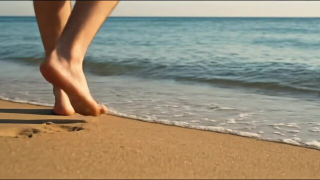 Pies Descalzos Caminando en la Arena de la Playa al Borde del Mar