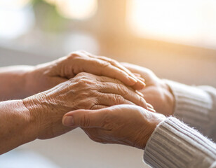 Elderly Hands Intertwined, Offering Comfort and Support with Soft Lighting.