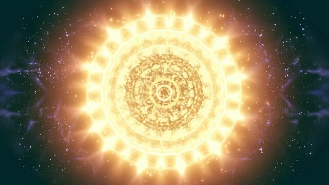 Sacred Geometric Mandala Pulsating with Golden Light and Cosmic Nebula Backdrop