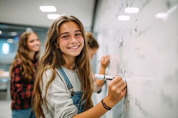 A smiling teenage girl writes on a whiteboard with two friends in the background, working collaboratively on equations or formulas in a bright classroom setting