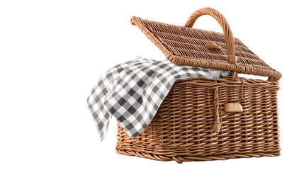 Wicker picnic basket with checkered cloth peeking out, clean product lighting, white background, PNG