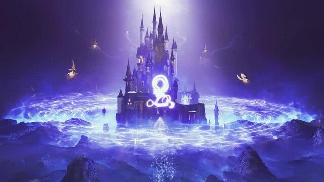 Enchanting castle, mystical purple light, ethereal energy, fantastical symbols.