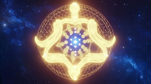 Mystical cosmic atom formation with golden energy orbits in deep space, evoking wonder and discovery