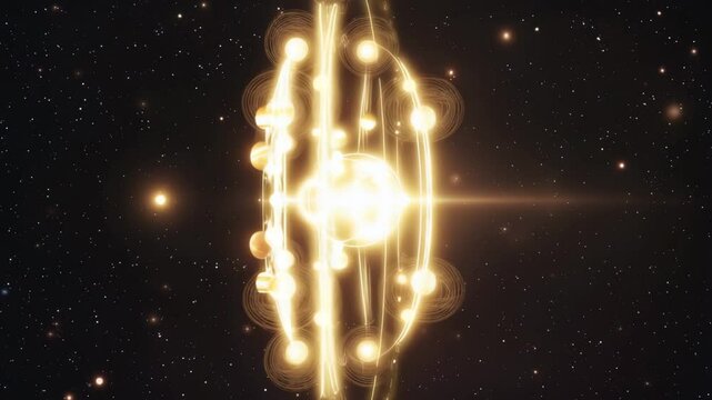 Mystical celestial mandala visualization featuring planetary orbs and cosmic sparkle