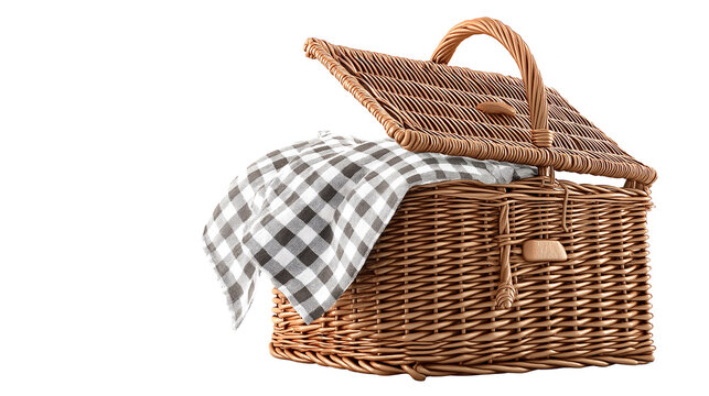 Wicker picnic basket with checkered cloth peeking out, clean product lighting, white background, PNG