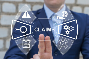 Business person using virtual touch screen presses the text: CLAIMS. Claims Management Business...