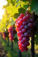 Sunlit Autumn Vineyard Ripe Red Grapes Hanging Heavy on the Vine, Ready for Harvest. A beautiful scene of abundant grapes bathed in warm sunlight, perfect for winemaking and autumnal themes.