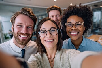 Close-up selfie of four smiling diverse young professionals in a modern office setting