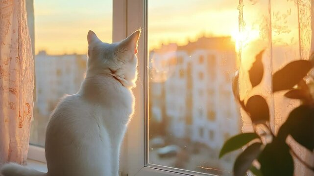 A white cat sits on the windowsill and looks out the window, Outside the window the city, Sunset, Cozy atmosphere, Camera zoom in