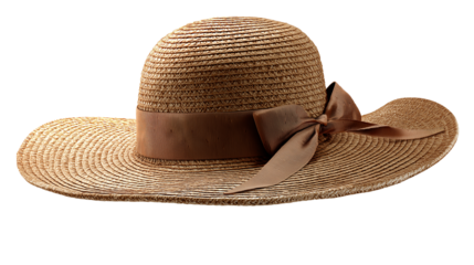 Minimalist straw beach hat with ribbon, isolated on white background, soft shadows, PNG 