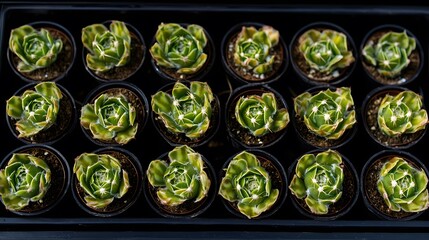 Succulent Plants in Pots, Greenhouse Cultivation, Green Cactus Variety, Echeveria, Sempervivum, rosette succulents