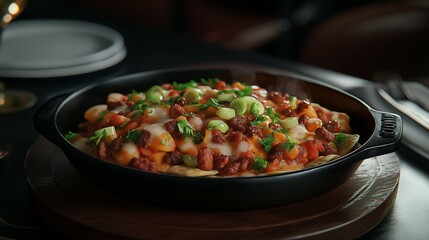 Skillet of loaded nachos with cheese and toppings