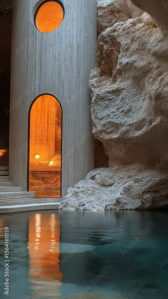 Poster serene sanctuary: a meticulously crafted stone structure with a window overlooks a tranquil pool, sh